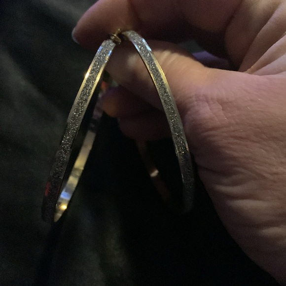 Gold Tone With Silver Shiny Center Hoop Earrings.      #011 - Picture 4 of 5